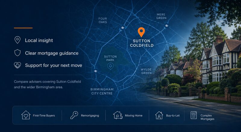 Mortgage Broker Sutton Coldfield hero image featuring a local area map, Sutton Coldfield location pin, leafy residential streets, and mortgage advice icons.