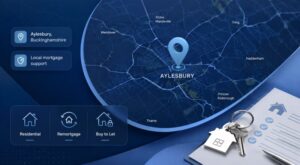Mortgage Broker in Aylesbury location map with mortgage, remortgage and buy-to-let icons in Connect’s dark blue and light blue brand colours.