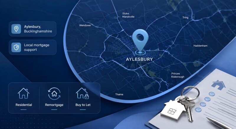Mortgage Broker in Aylesbury location map with mortgage, remortgage and buy-to-let icons in Connect’s dark blue and light blue brand colours.