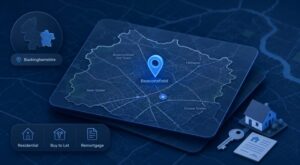 Mortgage Broker in Beaconsfield location map with property, key and mortgage icons in Connect’s dark blue and light blue brand colours.