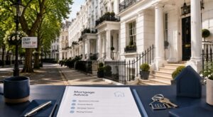 Mortgage Broker in Belgravia with elegant white townhouses, black railings, property keys and mortgage documents.