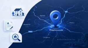 Mortgage Broker in Biggleswade location map with property and mortgage search icons.