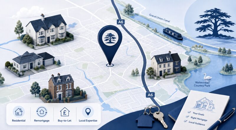 Mortgage Broker in Birstall hero image featuring a local map, location pin, A6, nearby waterways, residential properties and mortgage advice icons.
