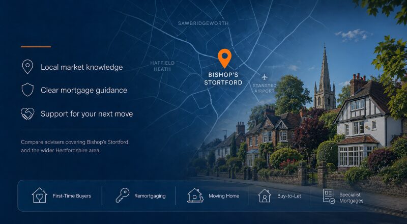 Mortgage Broker in Bishop's Stortford hero image featuring a local map with a Bishop's Stortford location pin, Hertfordshire homes and mortgage service icons.
