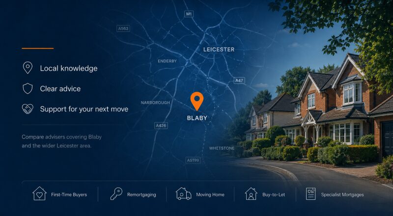 Mortgage Broker in Blaby hero image featuring a local Blaby and Leicester area map, location pin, residential homes and mortgage advice icons.