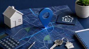 Dark blue mortgage-themed map graphic with a prominent location pin, house model, keys and calculator, representing a Mortgage Broker in Bletchley.