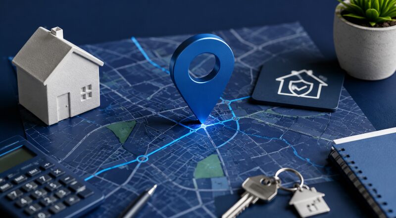 Dark blue mortgage-themed map graphic with a prominent location pin, house model, keys and calculator, representing a Mortgage Broker in Bletchley.