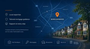 Mortgage Broker in Borehamwood hero image featuring a local Borehamwood map with location pin, Hertfordshire road links, residential streets and mortgage advice icons.