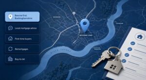 Mortgage Broker in Bourne End location map with mortgage advice icons, property keys and homebuying documents in Connect’s blue brand colours.