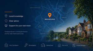 Mortgage Broker in Broxbourne hero image featuring a local Hertfordshire map with a Broxbourne location pin, River Lea and Lee Valley references, residential streets, and mortgage advice icons.