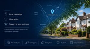 Mortgage Broker in Buckhurst Hill hero image featuring a local Essex map, Buckhurst Hill location pin, leafy residential streets and mortgage advice icons.
