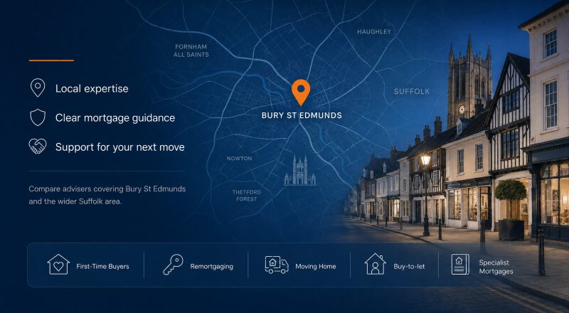 Mortgage Broker in Bury St Edmunds hero image featuring a local Suffolk map, Bury St Edmunds location pin, historic town architecture and mortgage advice icons.