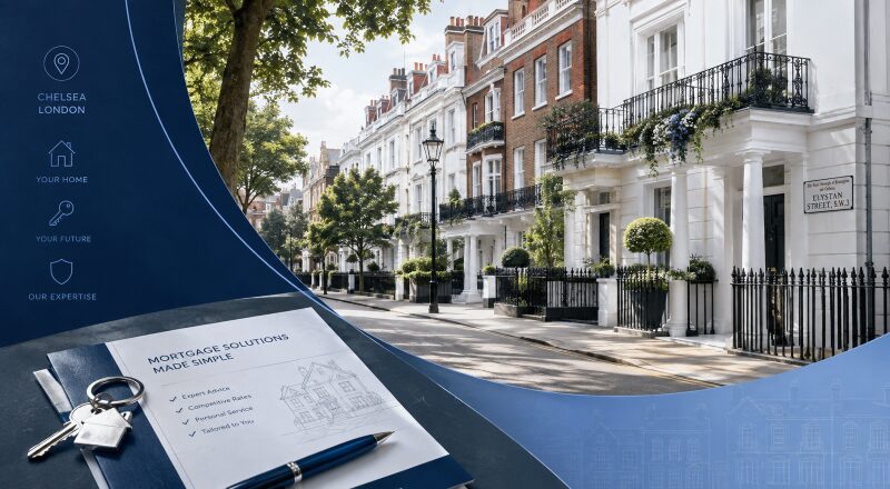 Mortgage Broker in Chelsea hero image featuring elegant Chelsea townhouses, a leafy London street, property keys and subtle mortgage-themed icons.