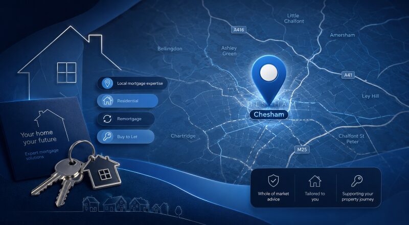 Mortgage Broker in Chesham location map with property, key and mortgage service icons in Connect’s dark blue and light blue branding.