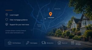 Mortgage Broker in Cheshunt hero image showing a stylised map of Cheshunt with a location pin, a leafy Hertfordshire residential street, and mortgage service icons for first-time buyers, remortgaging, moving home, buy-to-let, and specialist mortgages.