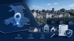 Mortgage Broker in Cowbridge location map with property, key, mortgage checklist and home finance icons in Connect’s blue branding.
