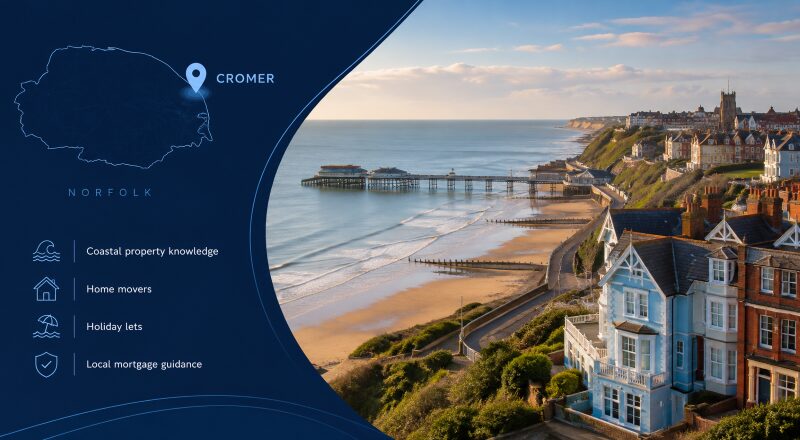 Mortgage Broker in Cromer with Norfolk location map, Cromer Pier, coastline and seaside properties
