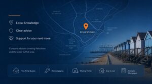 Mortgage Broker in Felixstowe hero image featuring a Felixstowe location map, coastal beach huts, seafront and mortgage advice icons.