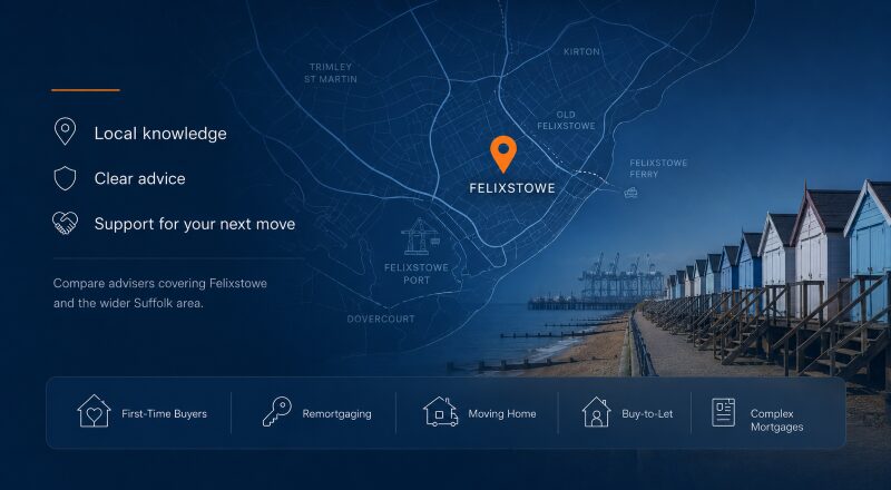 Mortgage Broker in Felixstowe hero image featuring a Felixstowe location map, coastal beach huts, seafront and mortgage advice icons.