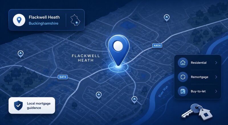 Mortgage Broker in Flackwell Heath location map with mortgage and property icons, highlighting local mortgage guidance in Buckinghamshire.