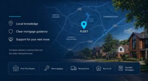 Mortgage Broker in Fleet hero image featuring a local Fleet map, location pin, Hampshire residential area and mortgage guidance icons.