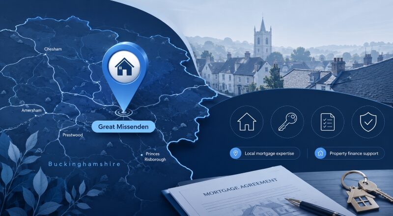 Connect Experts location-focused hero image for a Mortgage Broker in Great Missenden, featuring a Buckinghamshire map, property icons, mortgage paperwork and house keys.