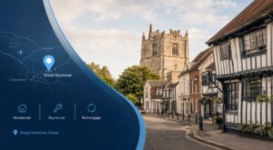 Mortgage Broker in Frinton-on-Sea with coastal beach huts, seafront and location map icon in Connect Experts blue branding.