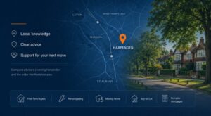 Mortgage Broker in Harpenden hero image featuring a local Hertfordshire map with Harpenden location pin, leafy residential streets and mortgage advice icons.