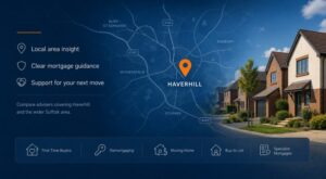 Mortgage Broker in Haverhill hero image featuring a local Haverhill map, location pin, Suffolk residential homes, and mortgage guidance icons.