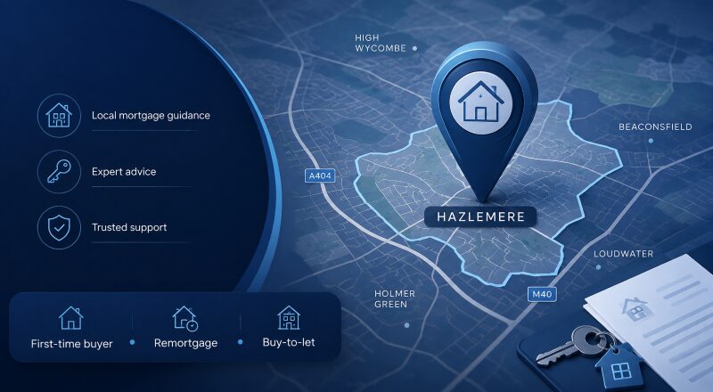 Mortgage Broker in Hazlemere location map with mortgage, home, key and trusted advice icons in Connect Experts blue branding.