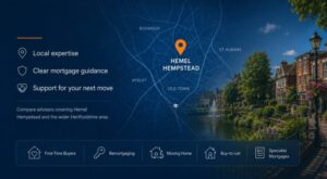 Mortgage Broker in Hemel Hempstead hero image featuring a local area map, location pin, Hertfordshire streetscape and mortgage guidance icons.