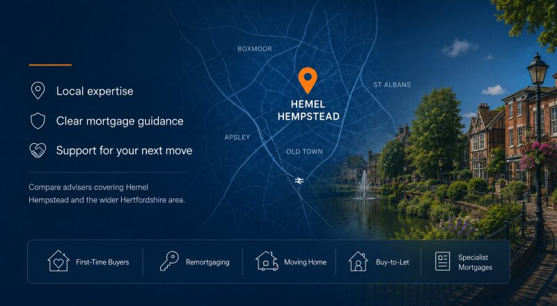 Mortgage Broker in Hemel Hempstead hero image featuring a local area map, location pin, Hertfordshire streetscape and mortgage guidance icons.