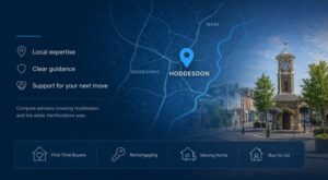 Mortgage Broker in Hoddesdon hero image featuring a local Hertfordshire map, Hoddesdon location pin, town centre clock tower and mortgage service icons.