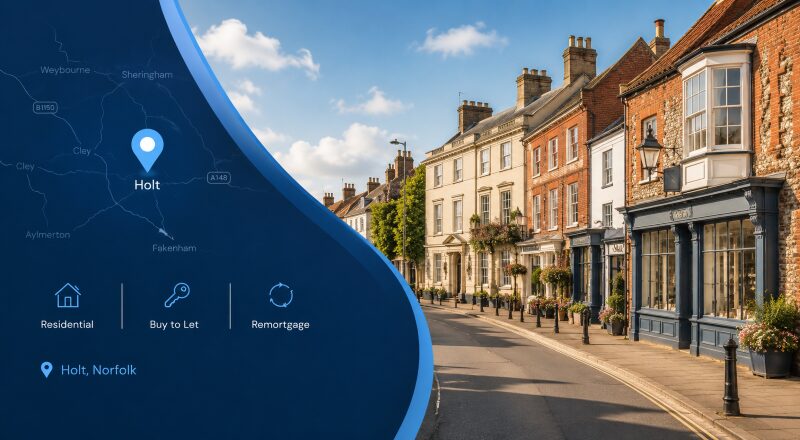Mortgage Broker in Holt, Norfolk, with location map pin and mortgage service icons for residential, buy-to-let and remortgage advice.