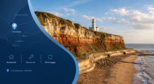 Mortgage Broker in Hunstanton, Norfolk, with a location map and coastal view featuring Hunstanton’s distinctive striped cliffs and lighthouse.