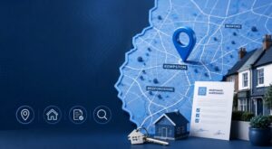Mortgage Broker in Kempston location map with property, mortgage document and home search icons.