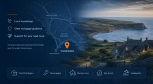 Mortgage Broker in Kimmeridge hero image featuring a Dorset map with Kimmeridge location pin, coastal scenery, stone cottages, and mortgage advice icons.