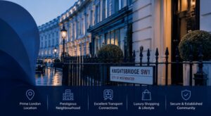 Mortgage Broker in Knightsbridge hero image showing an elegant Knightsbridge street scene in London with luxury townhouses, a Knightsbridge street sign, and blue branded icons highlighting location, transport, lifestyle, and community.