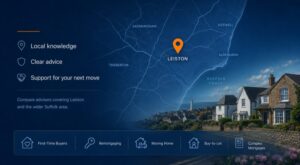 Mortgage Broker in Leiston hero image featuring a local Suffolk map with a Leiston location pin, nearby coastal areas, residential property and mortgage service icons.