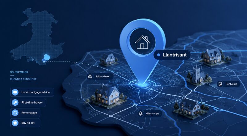 Mortgage Broker in Llantrisant location map with property icons highlighting local mortgage advice across South Wales.