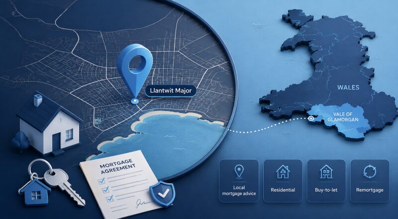 Mortgage Broker in Llantwit Major location map with mortgage, home, key and property finance icons in Connect Experts blue branding.