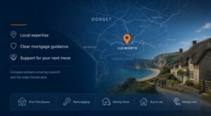 Mortgage Broker in Lulworth hero image featuring a Dorset map with Lulworth location pin, Lulworth Cove coastline, local stone cottages, and mortgage advice icons.