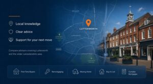 Mortgage Broker in Lutterworth hero image featuring a local Lutterworth map with location pin, market town streetscape, and mortgage advice icons.
