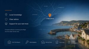 Mortgage Broker in Lyme Regis hero image featuring a local Dorset map with a Lyme Regis location pin, Lyme Bay coastline, the Cobb harbour and mortgage advice icons.