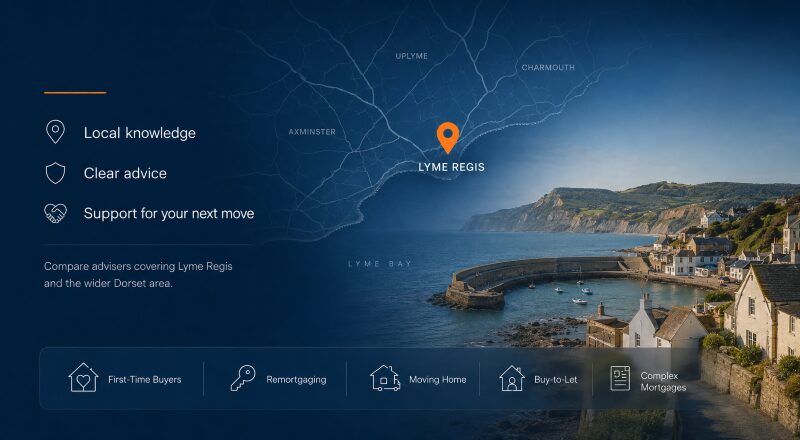 Mortgage Broker in Lyme Regis hero image featuring a local Dorset map with a Lyme Regis location pin, Lyme Bay coastline, the Cobb harbour and mortgage advice icons.