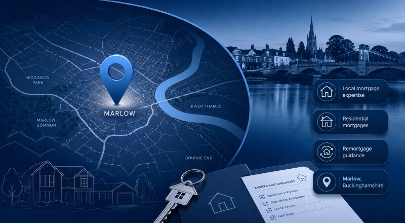 Mortgage Broker in Marlow location map with property and mortgage guidance icons in Connect Experts brand colours.