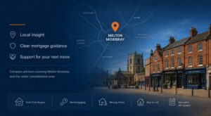 Mortgage Broker in Melton Mowbray hero image featuring a local map with location pin, historic market town architecture, St Mary’s Church and mortgage advice icons.