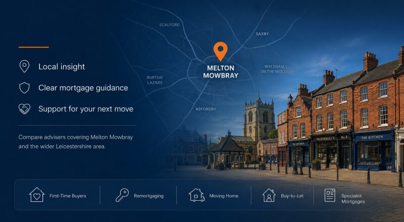Mortgage Broker in Melton Mowbray hero image featuring a local map with location pin, historic market town architecture, St Mary’s Church and mortgage advice icons.