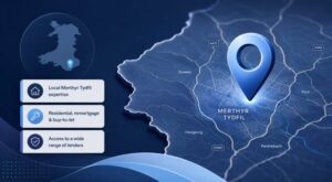 Mortgage Broker in Merthyr Tydfil location map with mortgage, remortgage and buy-to-let icons in Connect Experts blue branding.