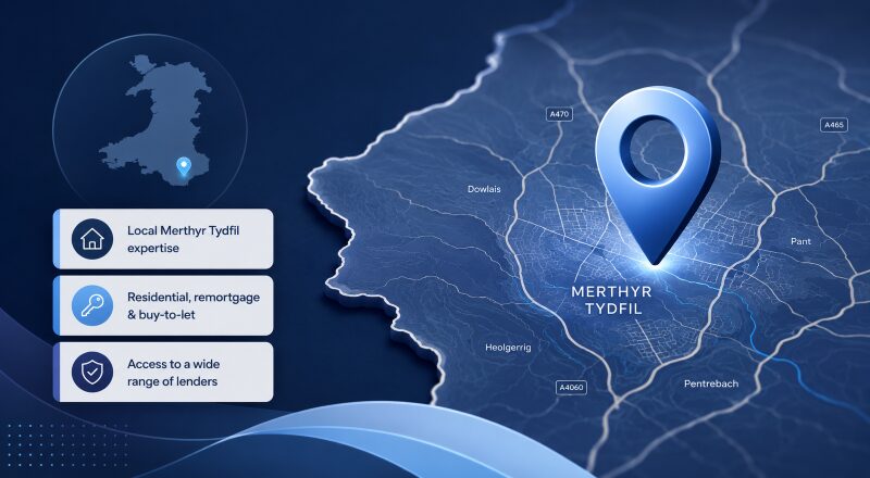 Mortgage Broker in Merthyr Tydfil location map with mortgage, remortgage and buy-to-let icons in Connect Experts blue branding.